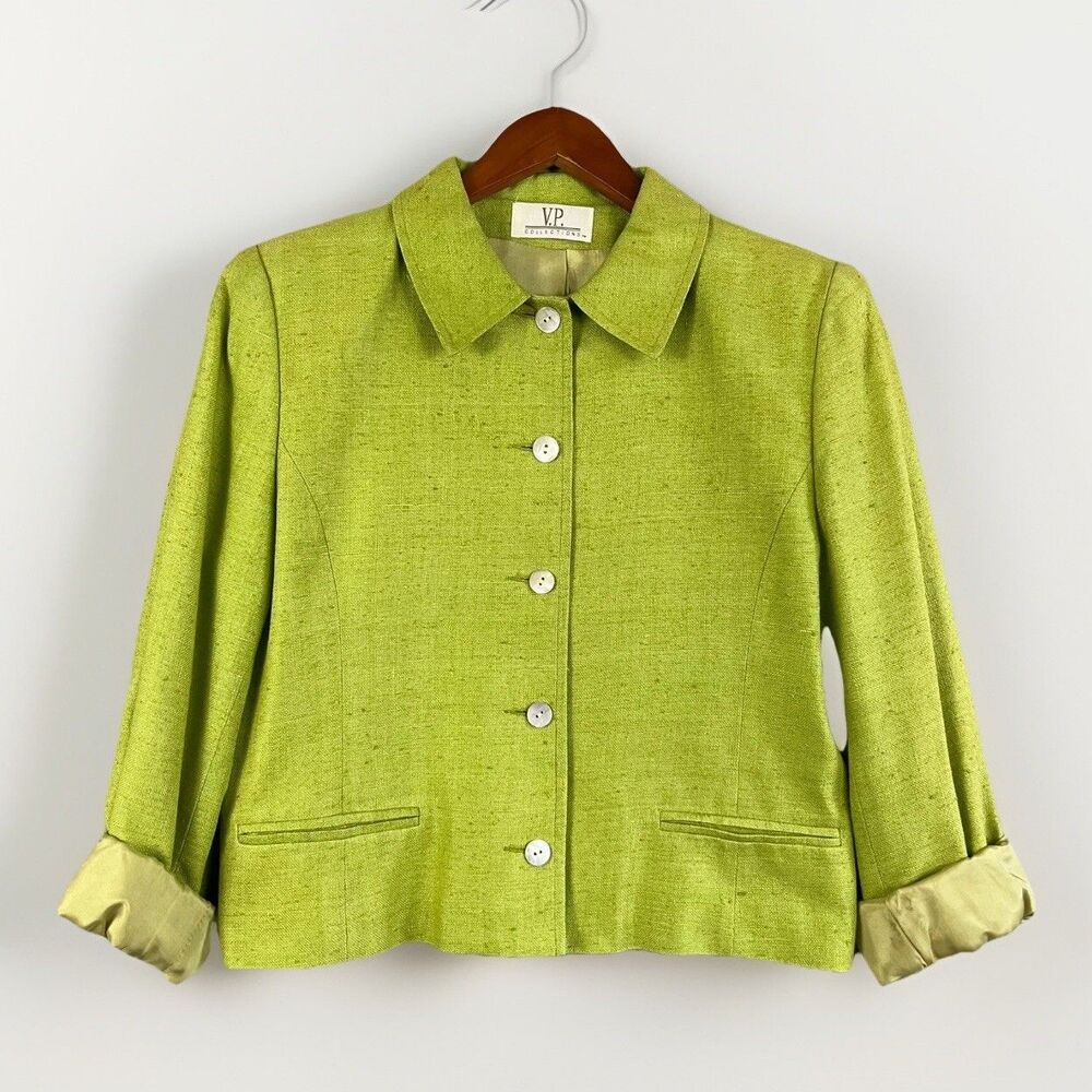 Vintage V.P. Collections Blazer Jacket‎ Women's S Brat Green Silk Jackie O Retro